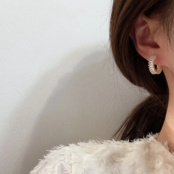 NEW Yellow Gold Baguette Small Diamond Hoops - Picture 3 of 8